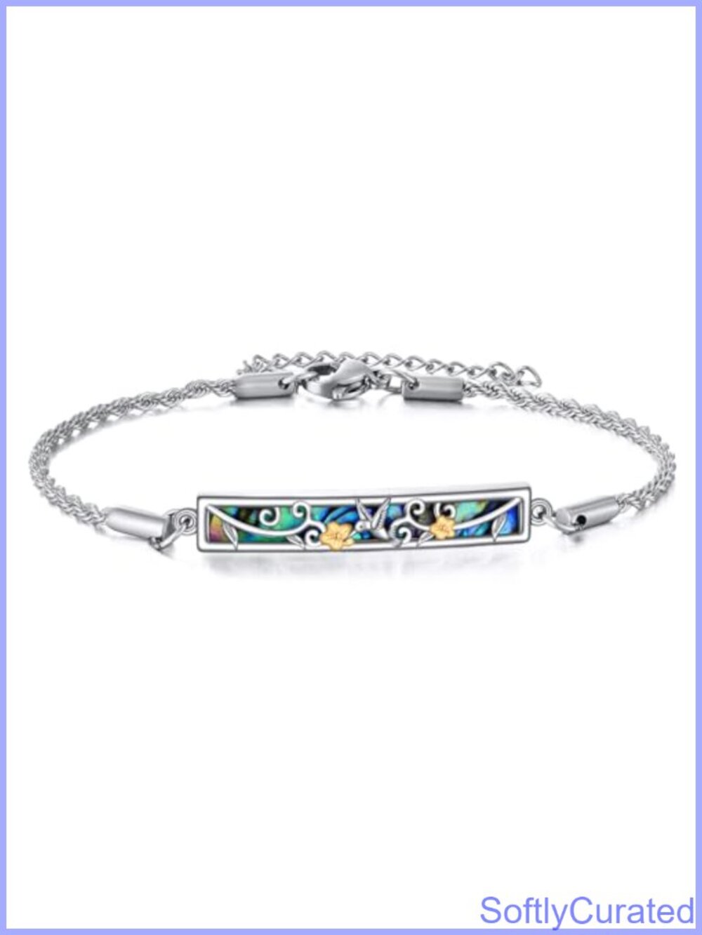 925 Sterling Silver Abalone Shell Animal Bar Pendant Bracelet